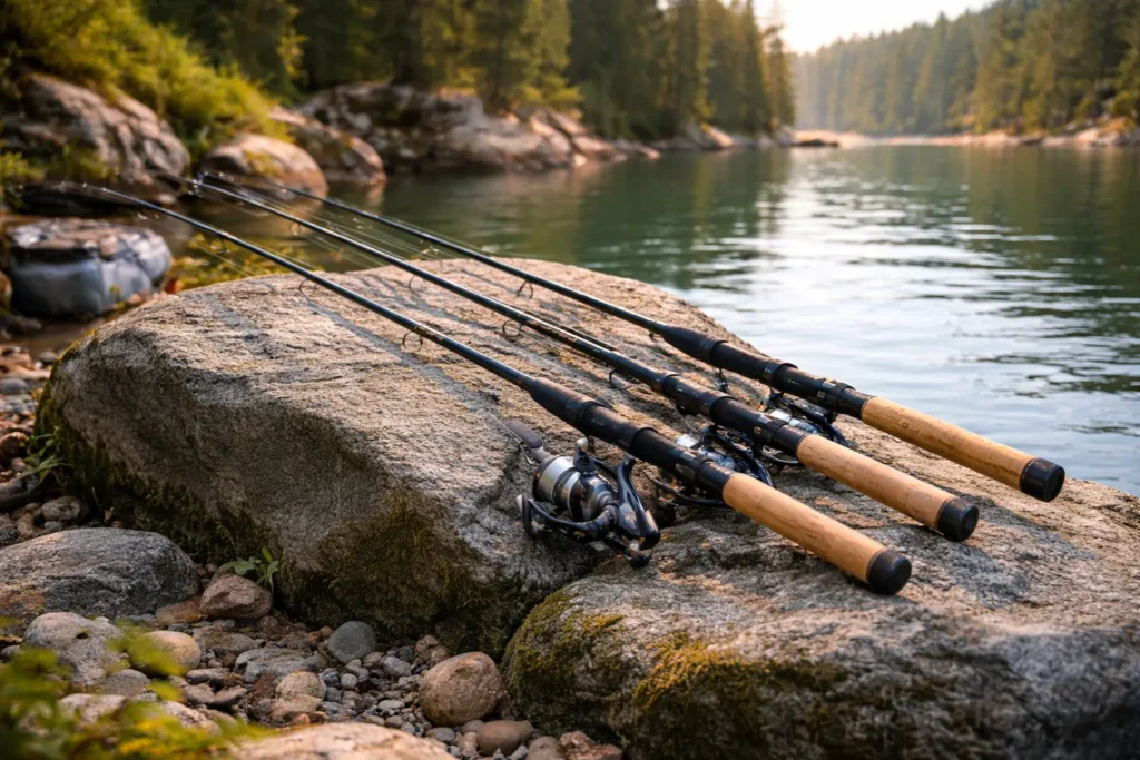 A lineup of the Best Fishing Rod options placed on rocks by a calm lakeside, showcasing different styles and builds