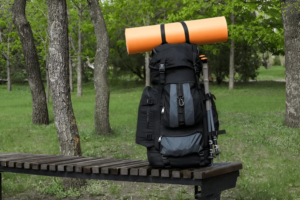 Backpack with camping mat and trekking poles on wooden bench in park