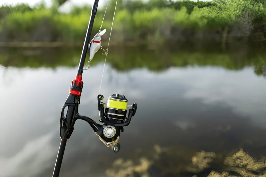 Close-up of best fishing rod reels. Fishing on the shore of the lake. Spinning rods for sport fishing