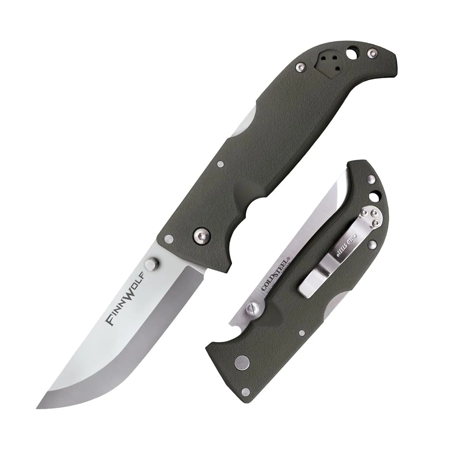 Cold Steel Finn Wolf 3.5in AUS8A Razor-Sharp Straight Back Blade 4.375in Griv-Ex OD Green Handle Hunting Folding Knife, Blister Pack