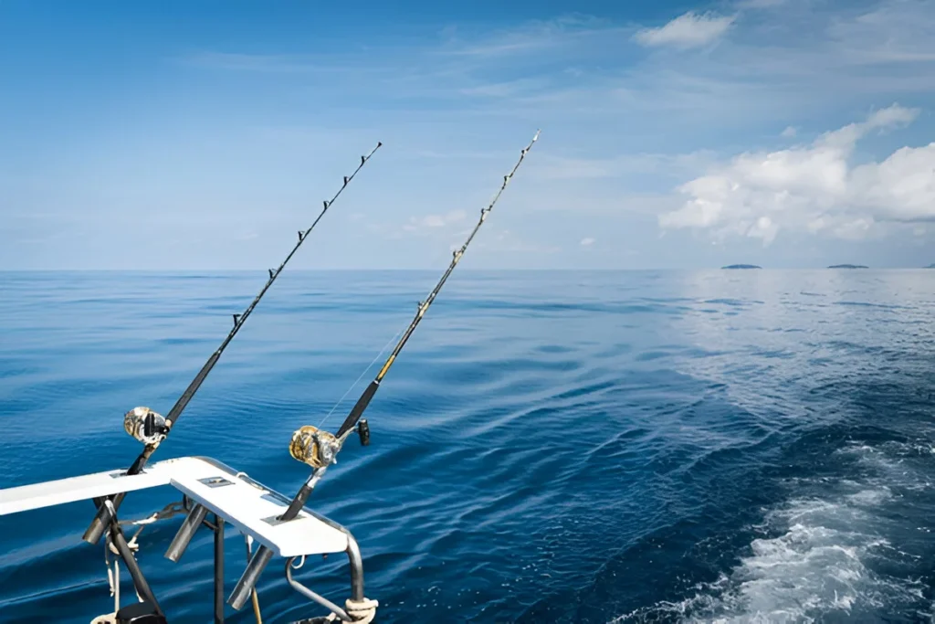 Fishing reels and rods reels .Fishing trolling tuna with speedboat on the pacific ocean