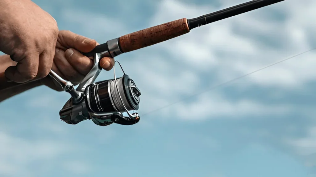 Freshwater fishing in summer. Spinning reel on a spinning rod in the hands of a fisherman