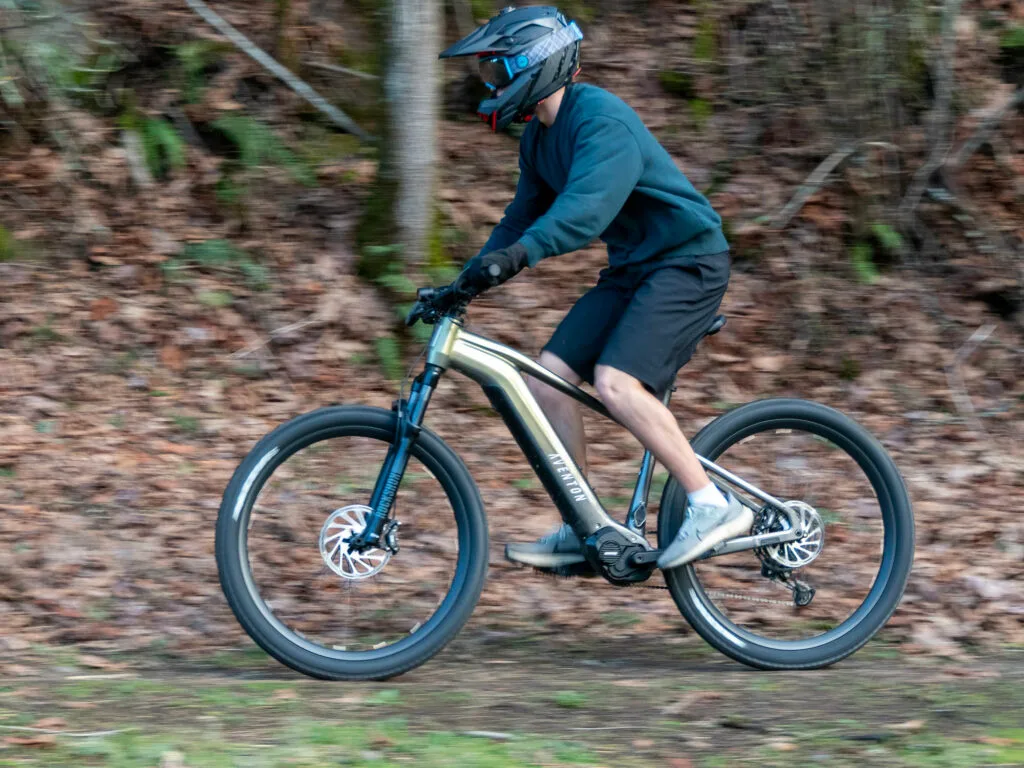 Rider in motion testing the Best Electric Mountain Bike near the forest trail.