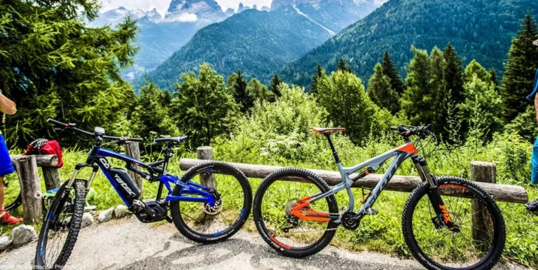 Two of the Best Electric Mountain Bikes overlooking a stunning mountain range.