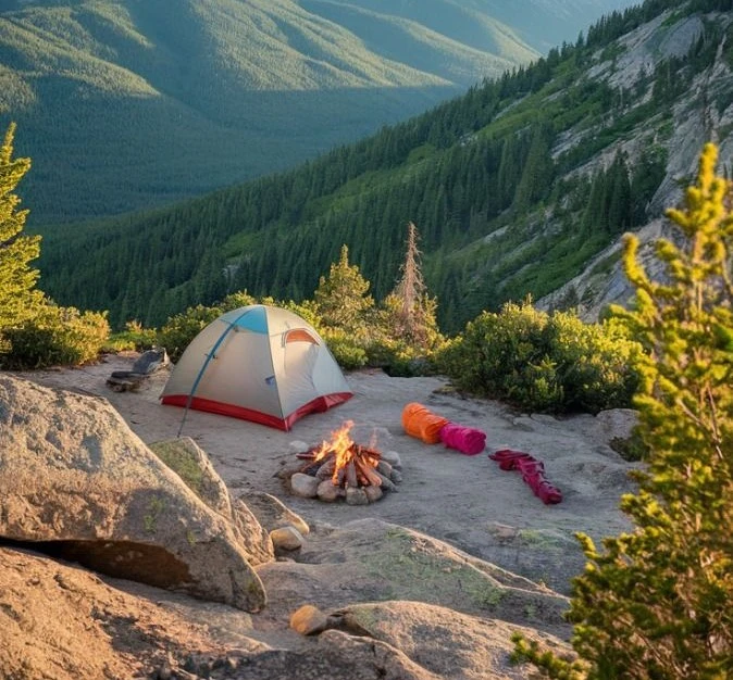 Backpacking tent set up on a scenic mountain ledge with a campfire and sleeping bags, showcasing one of the Best Backpacking Tents for wilderness adventures.
