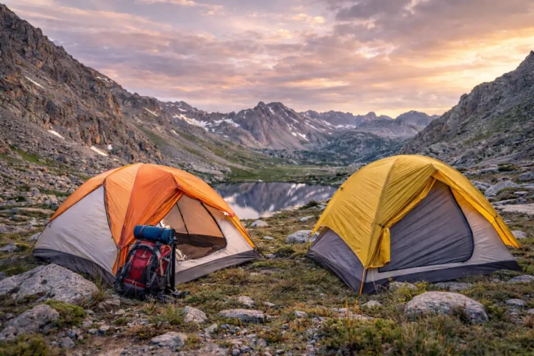 Best Backpacking Tents set up in a scenic mountain landscape near a lake, showcasing durable and lightweight tents ideal for outdoor adventures.