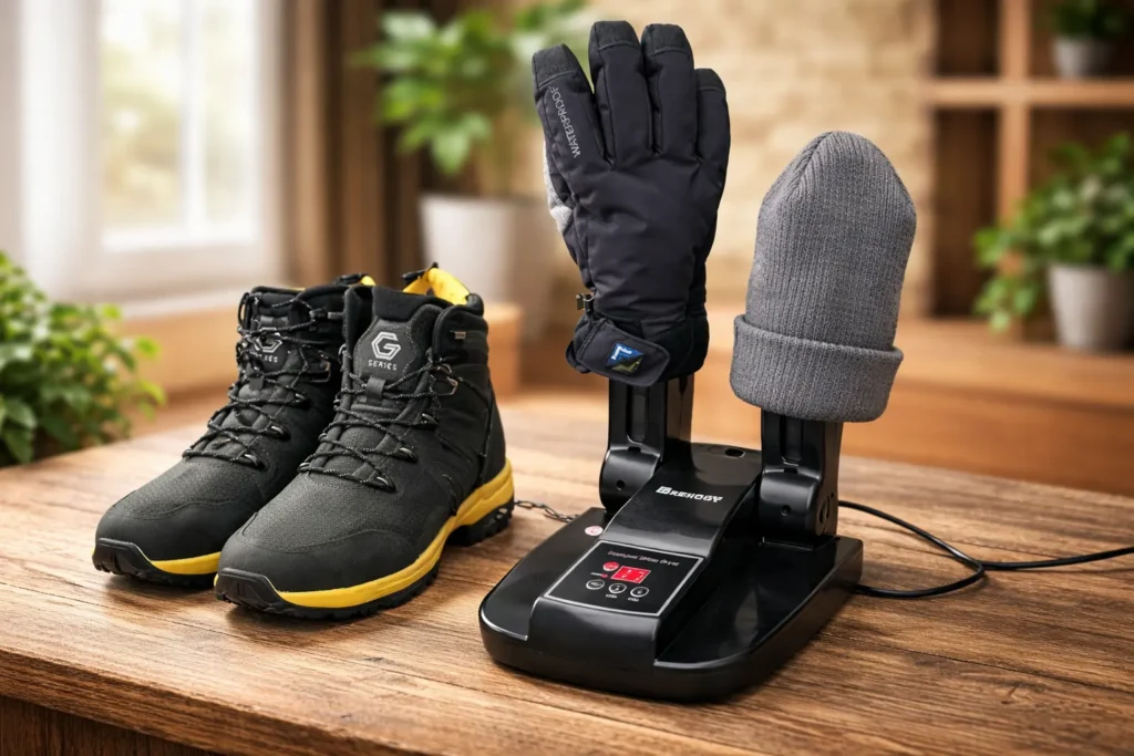 Best Boot Dryer displayed on a wooden table with hiking boots, gloves, and a winter hat drying indoors in a cozy home setting