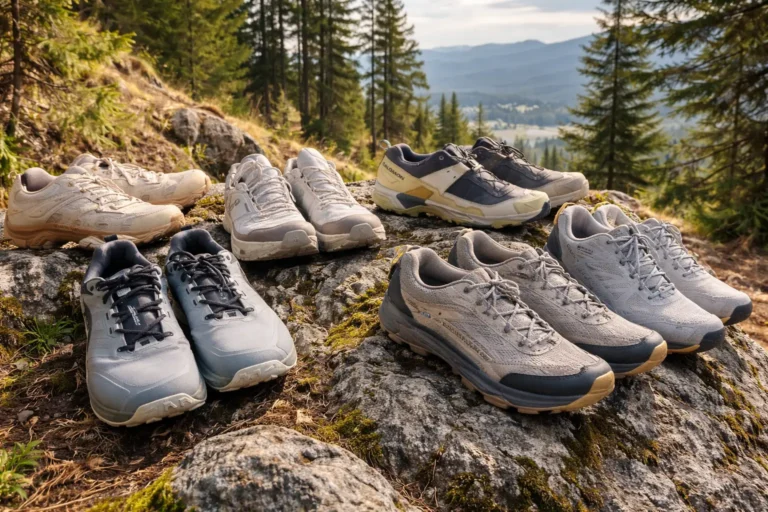 Best Hiking Shoes For Men displayed on a rocky mountain trail with scenic forest and valley views in the background.