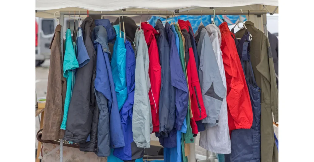 A variety of colorful jackets hang on a rack at an outdoor market, showcasing options like the Best Ultralight Rain Jacket for reliable, lightweight coverage.