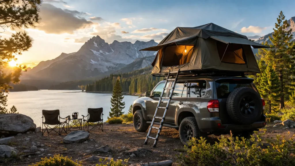 Best rooftop tent setup by a lakeside mountain campsite with SUV and camping chairs during sunset