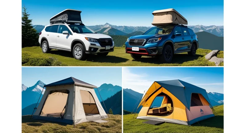 Collage showing SUVs with Best Rooftop Tents and ground tents set up in a scenic mountain landscape.