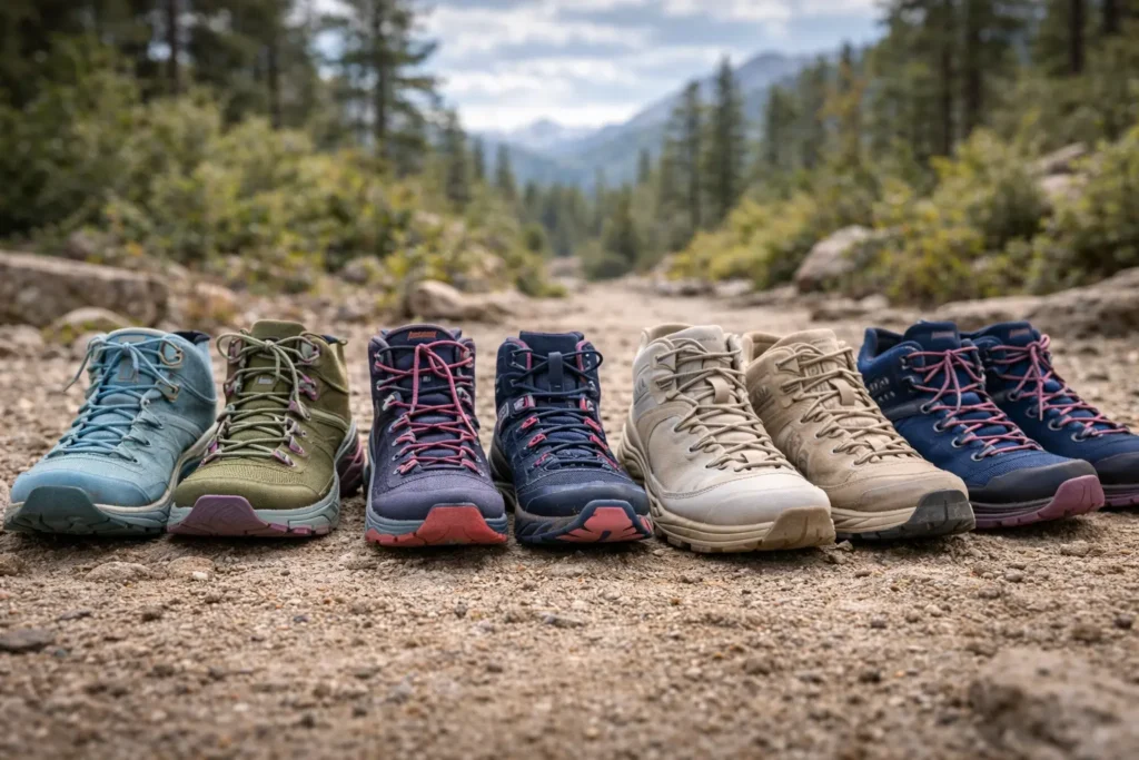 Collection of the Best Hiking Shoes for Women displayed on a rugged trail with a scenic forest and mountain backdrop.
