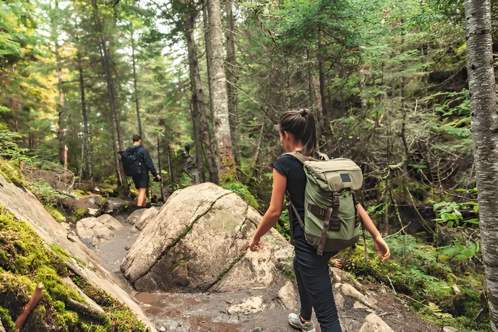Hikers navigate a rugged forest trail equipped with some of the Best Ultralight Backpacks.
