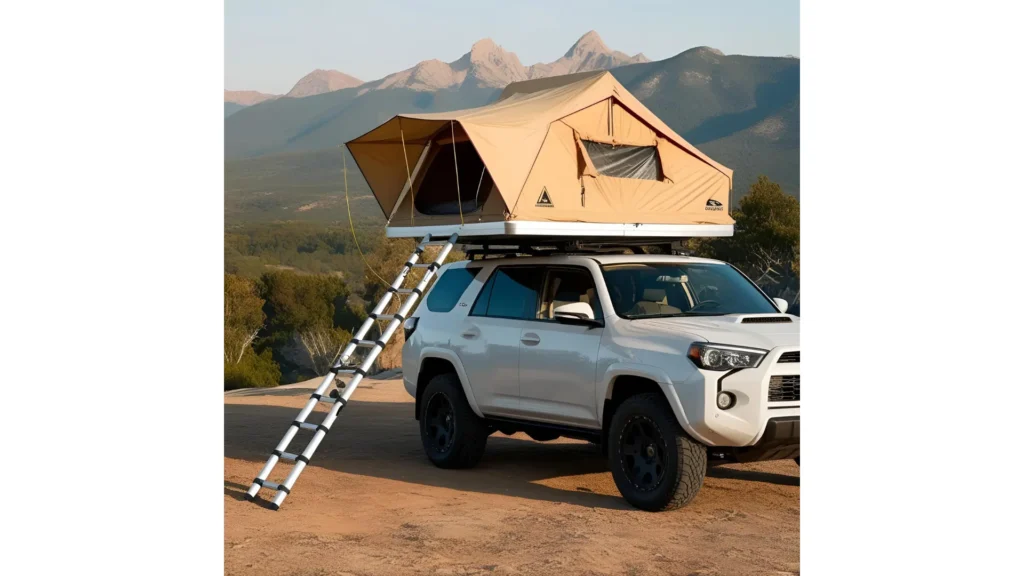 SUV parked in nature with one of the Best Rooftop Tents set up on top and a ladder extending to the ground.
