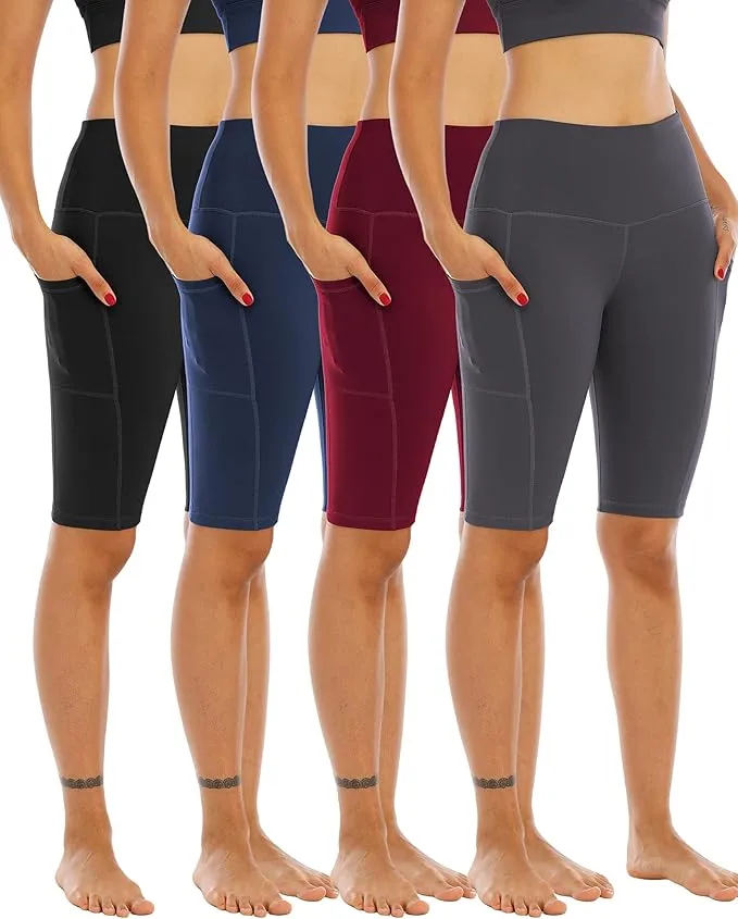 8 WHOUARE 4 Pack Biker Yoga Shorts with Pockets for Women,High Waisted Athletic Running Workout Gym Shorts Tummy Control