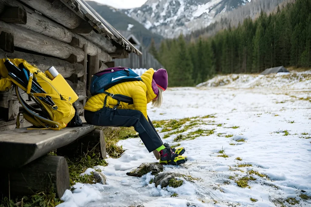 A female tourist in a yellow down jacket wears crampons before going to the top