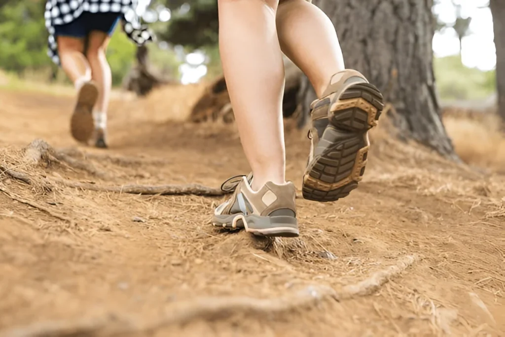 Choose Hiking Shoes for Women that offer grip and comfort, as shown by hikers trekking up a forest trail in sturdy footwear.
