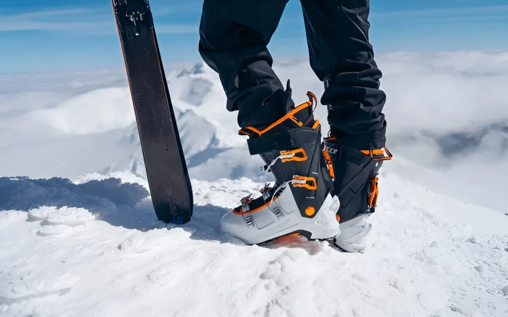 Close-up of a skier wearing boots on a snowy mountain, highlighting fit and performance tips for "How to Choose Ski Boots."
