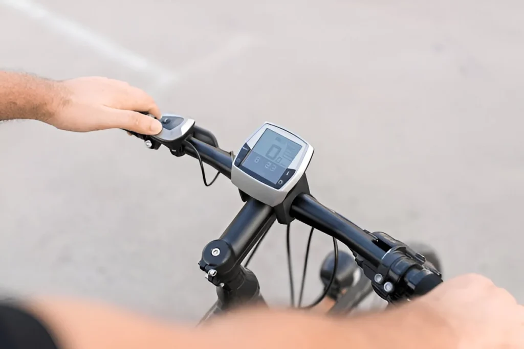 Closeup shot of a male on an electric bicycle in city. Let's get started