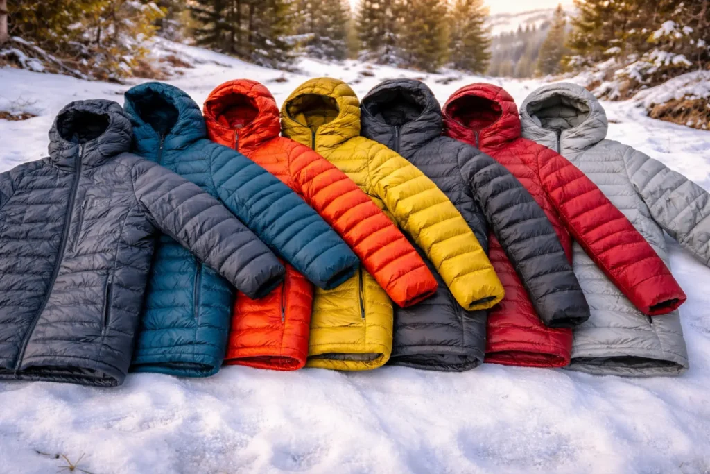 Different styles and colors of Best Down Jackets arranged side by side, highlighting their warm, quilted design for winter use.