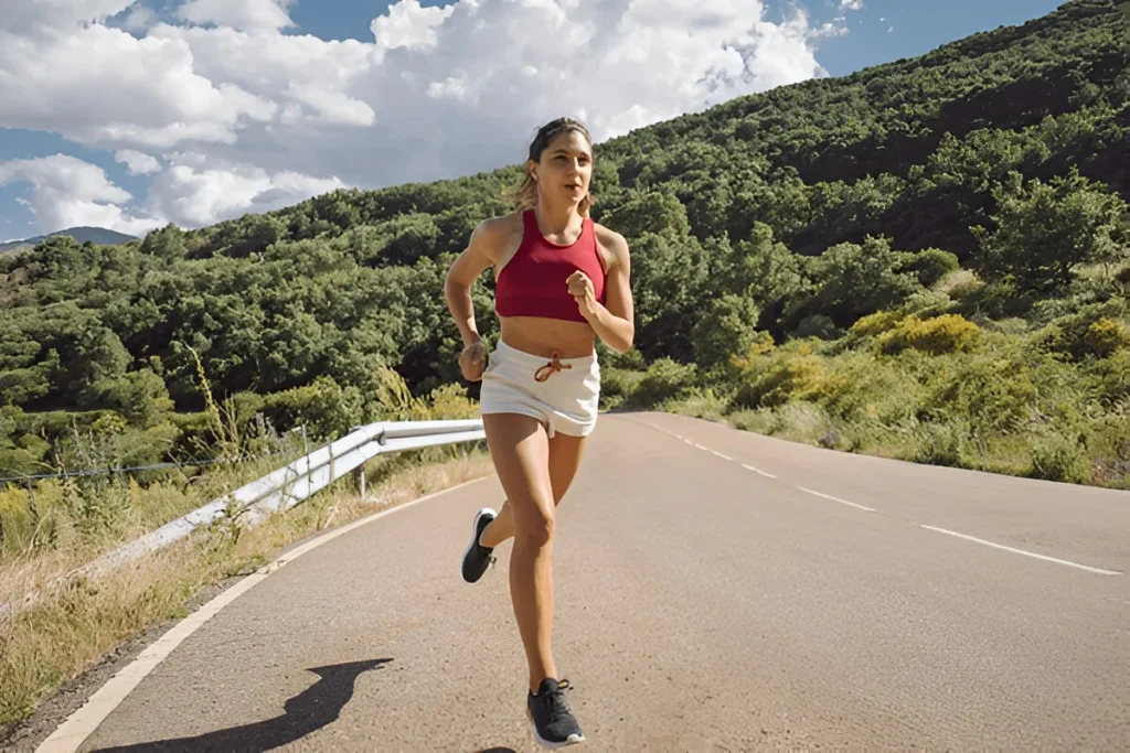 Fit female athlete running on mountain road ramp on summer. Sporty woman training hard on summer outdoors