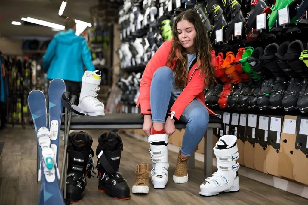 Glad young woman during fitting of ski boots