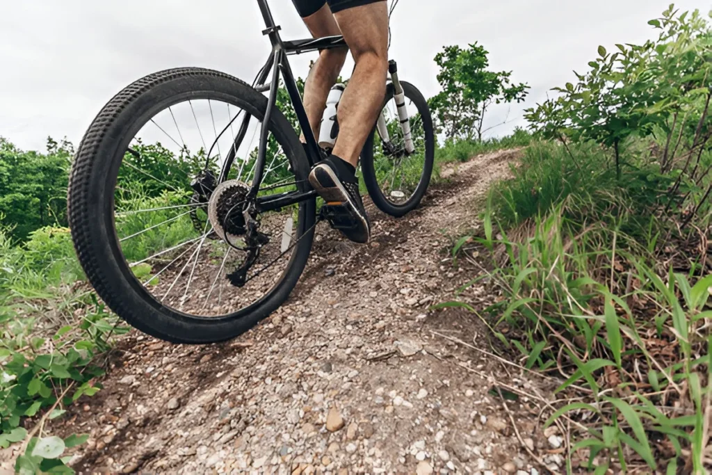 Mountain biker pedaling uphill on a rocky trail wearing the best mountain bike shoes for grip and control.