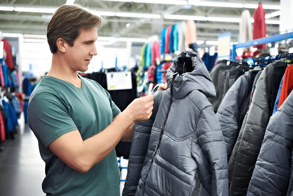 Man chooses a winter jacket in the store