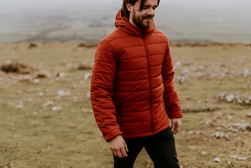 Man wearing orange puffer best down jacket, walking on hill