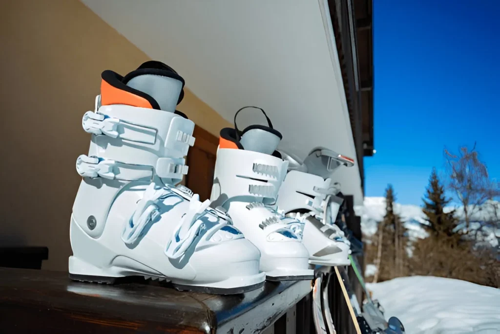 Mountain winter vacation concept row of many alpine ski boots on the balcony rail