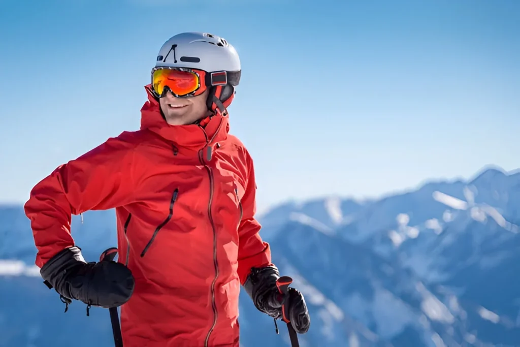 Smiling skier in a bright red jacket with alpine mountains in the background, representing the Best Ski Jackets for Men in cold-weather action.
