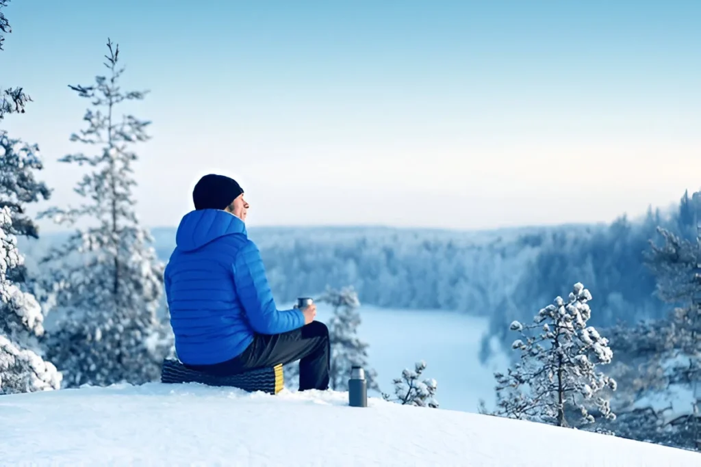 Relaxed man drinking delicious hot tea and waiting for spring in winter forest