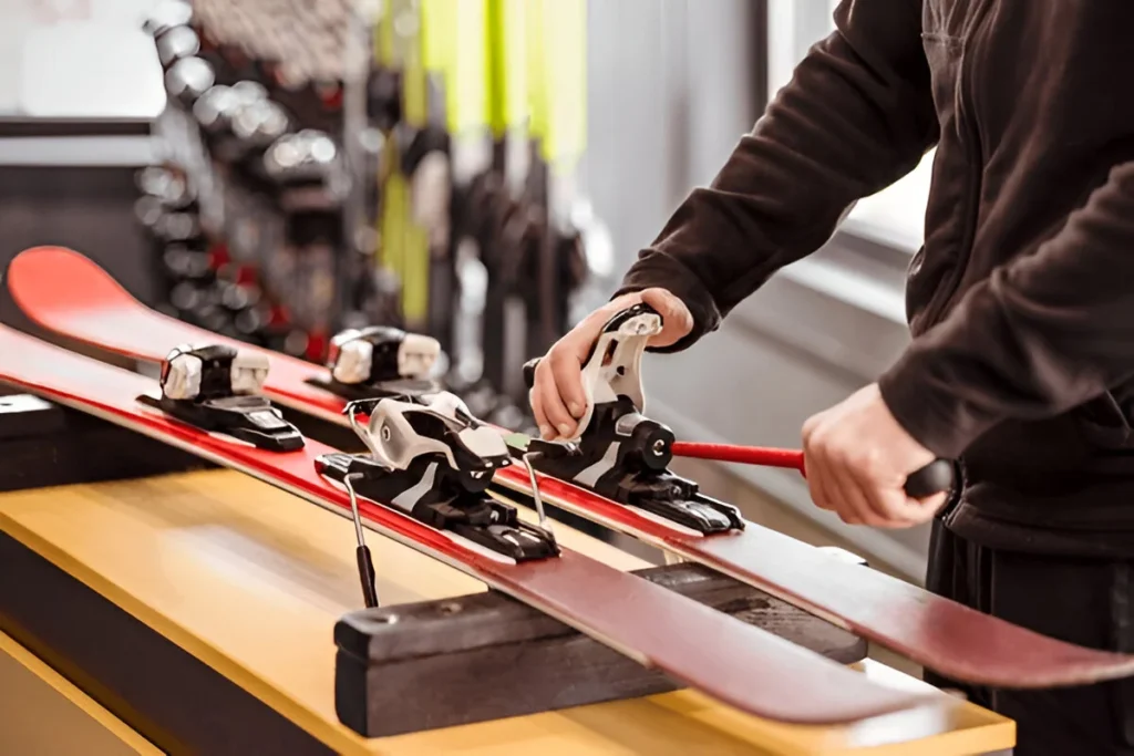 Ski Equipment adjusting by Ski Master. Ski Service and Ski Rental Concept