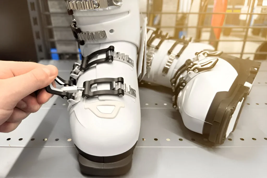 Ski shoe store. White ski boots lie on a shelf in the store. A man's hand checks the fastener lock on a specialized ski shoe. The concept of winter sports and ski holidays