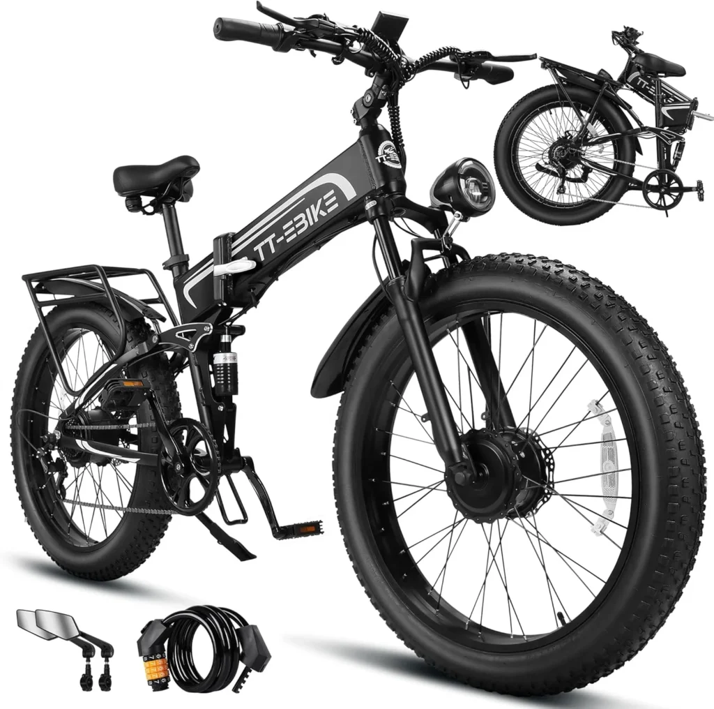 TT-EBIKE 5000W Dual Motor Folding Electric Bike Adults 42MPH with 60V 30AH Battery, 26x4 Fat Tire All Terrain Ebikes
