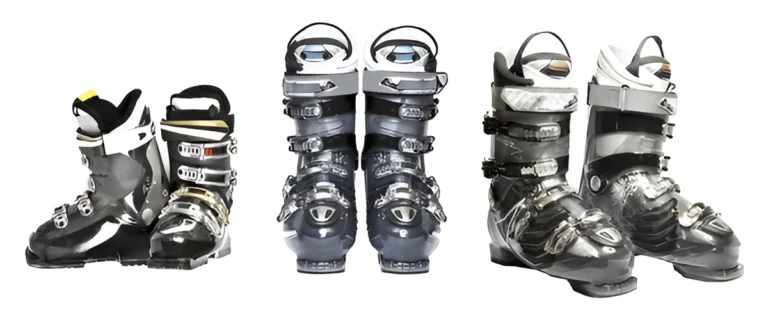 A variety of ski boots displayed side by side, illustrating key differences to consider in "How to Choose Ski Boots."