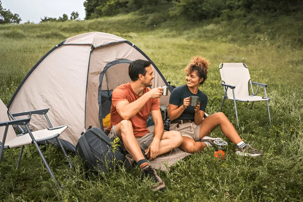 A couple relaxing with coffee outside their tent in a grassy field, enjoying one of the Best Camping Tents for a romantic outdoor getaway.
