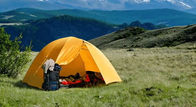 A bright yellow tent set up in a scenic mountain meadow, showcasing one of the best ultralight tents ideal for alpine camping adventures.