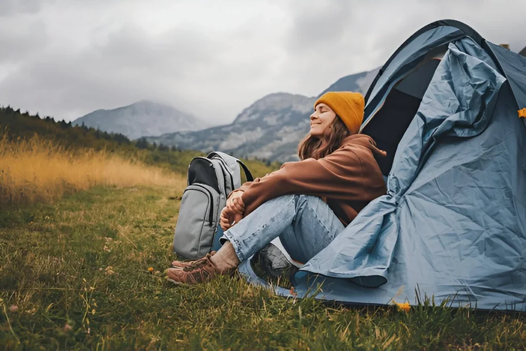 woman enjoying landscape sitting in the tent  alone  engoy nature and relax. Traveling and camping concept. Camping tent