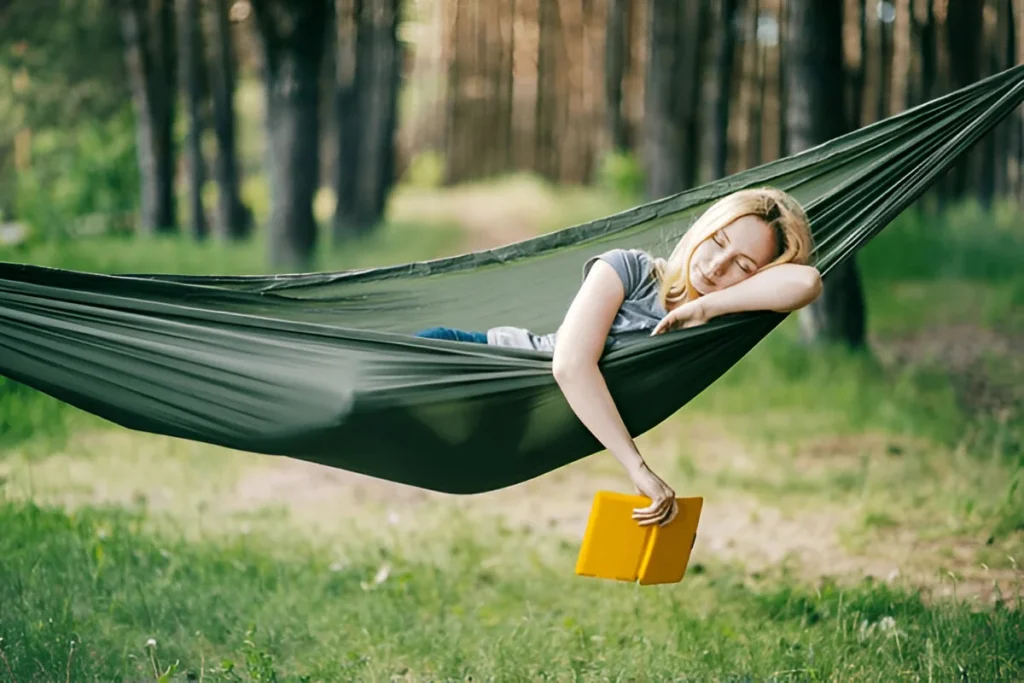 A woman peacefully naps in one of the best hammocks, enjoying the shade of a quiet forest with a book in hand.