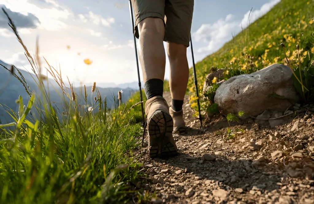 Hiker walking along a scenic mountain trail wearing the best hiking shoes for stability and comfort.