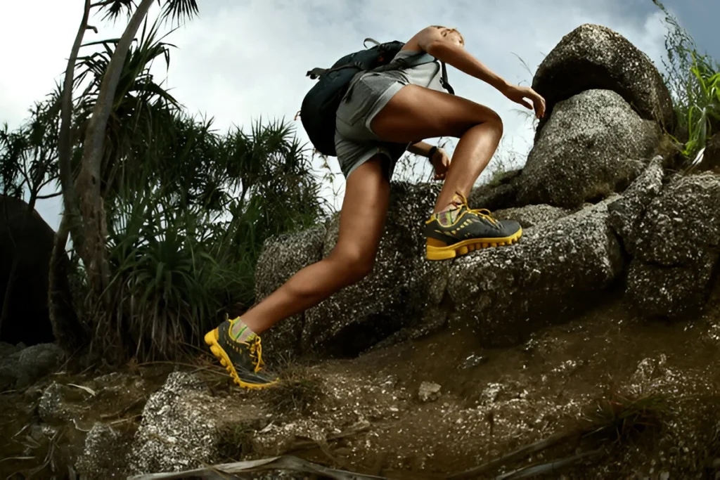 Woman climbing rocky terrain in trail shoes, highlighting performance and agility with some of the best hiking boots for fast-paced hikes.