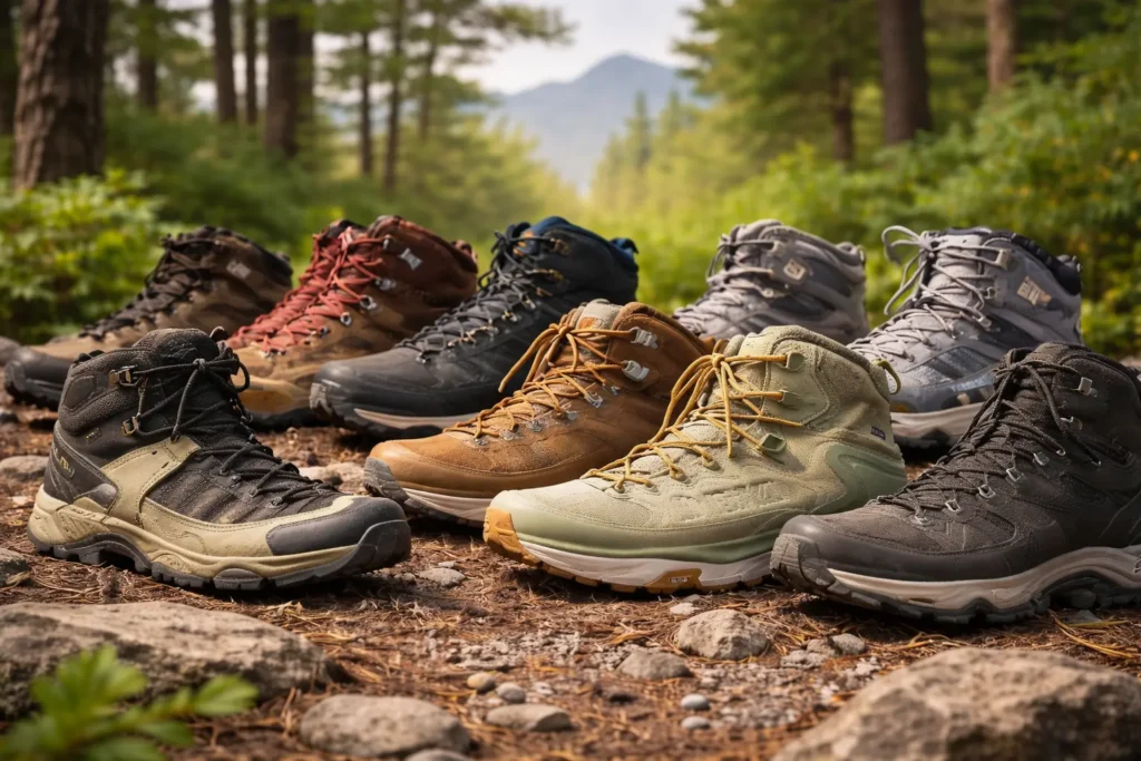 A lineup of durable outdoor footwear displayed on a forest trail, showcasing various styles of the Best Hiking Boots for rugged terrain.