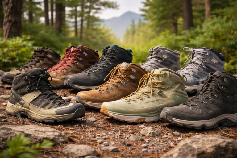 A lineup of durable outdoor footwear displayed on a forest trail, showcasing various styles of the Best Hiking Boots for rugged terrain.