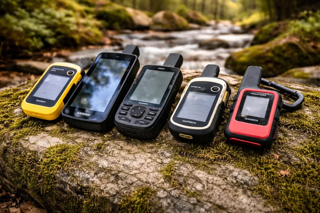 A lineup of the Best Handheld GPS devices placed on a mossy rock beside a forest stream, showcasing different rugged designs for outdoor navigation.
