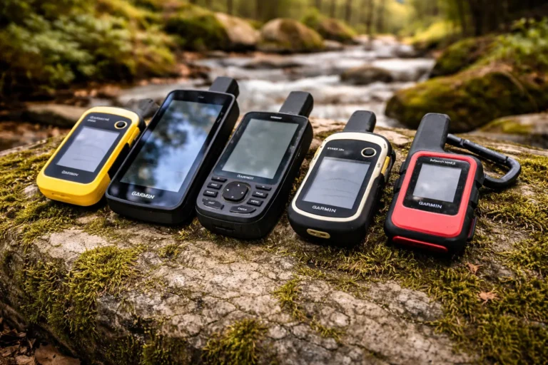 A lineup of the Best Handheld GPS devices placed on a mossy rock beside a forest stream, showcasing different rugged designs for outdoor navigation.