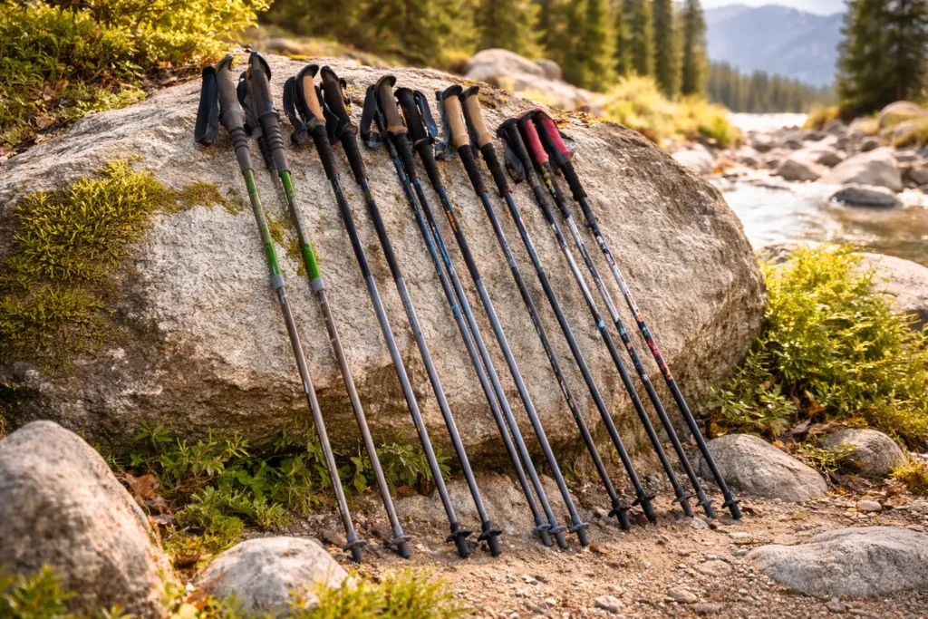 A lineup of the Best Trekking Poles leaning against a large rock beside a scenic mountain stream, showcasing different designs for hiking and outdoor adventures.