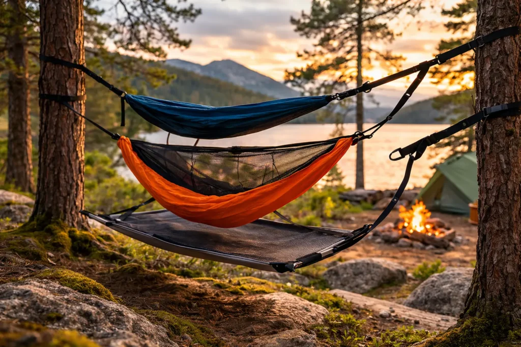 A peaceful camping setup shows one of the Best Hammock options suspended between trees beside a scenic lakeside campsite at sunset.