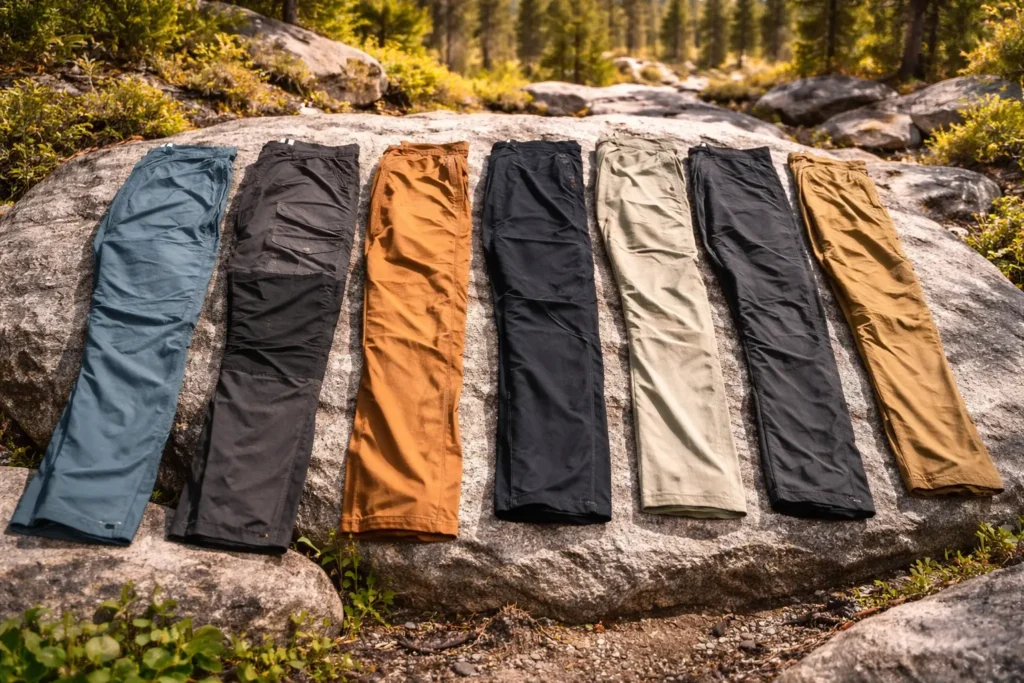 A selection of the Best Hiking Pants displayed on a large rock in a scenic outdoor setting, highlighting different styles designed for comfort and durability on the trail.