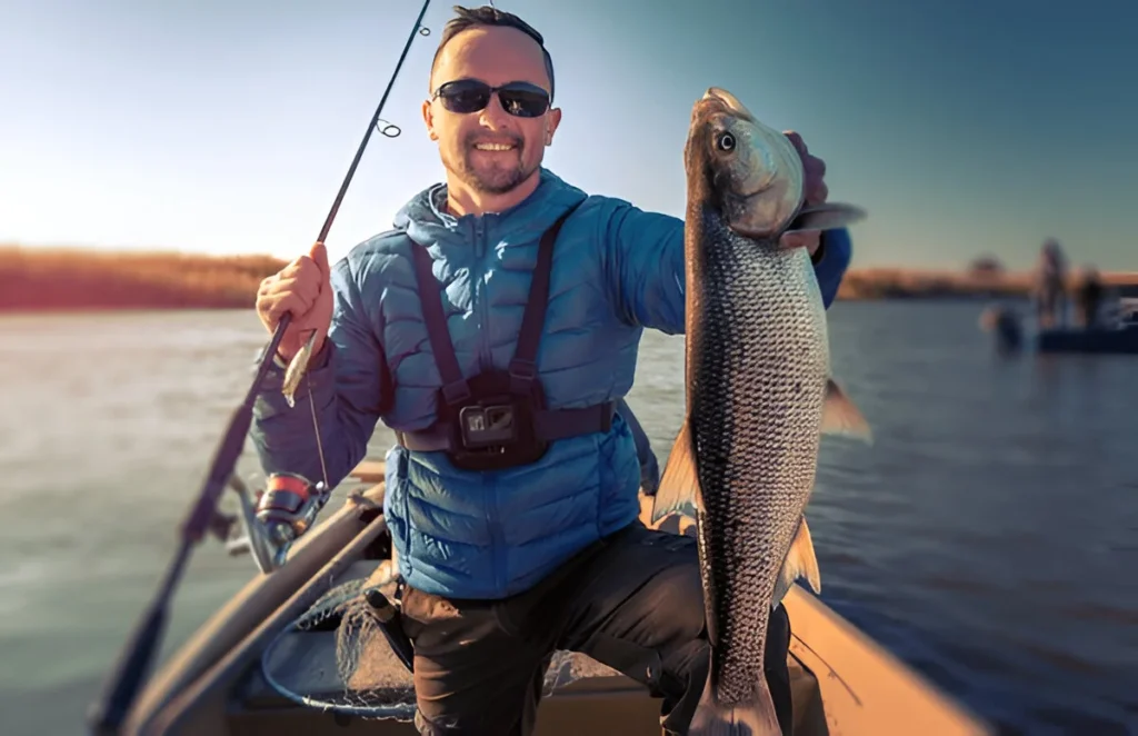 Angler proudly holding a large fish while using the Best Telescopic Fishing Rod on a river boat.
